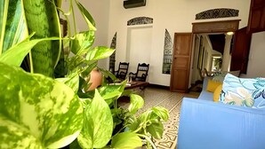 Una habitación con piso estampado, un sofá azul con estampado tropical y una planta verde grande al frente.