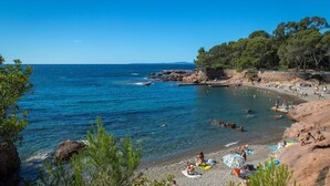 A beach with clear blue water, rocky shore, and trees in the background.