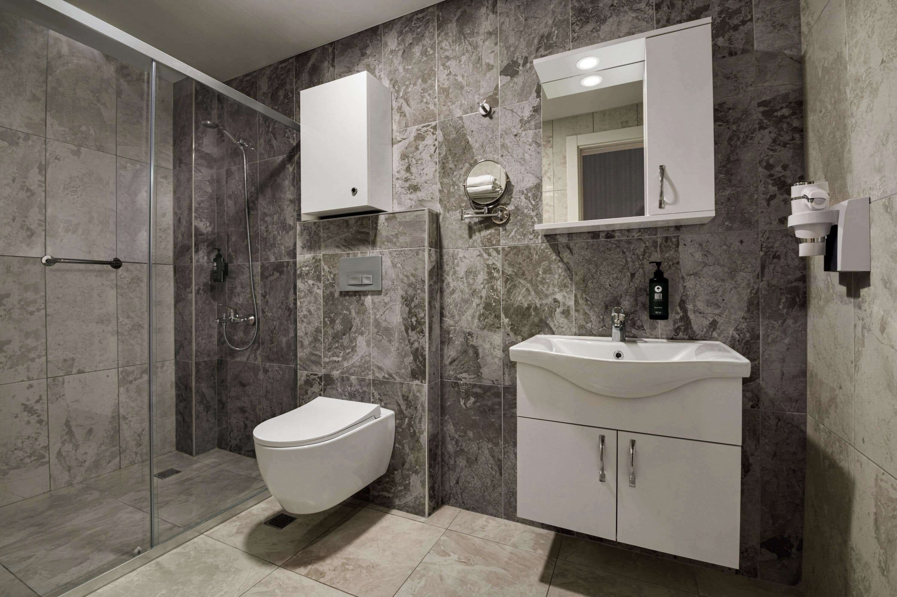 Hair dryer, bidet, towels, soap