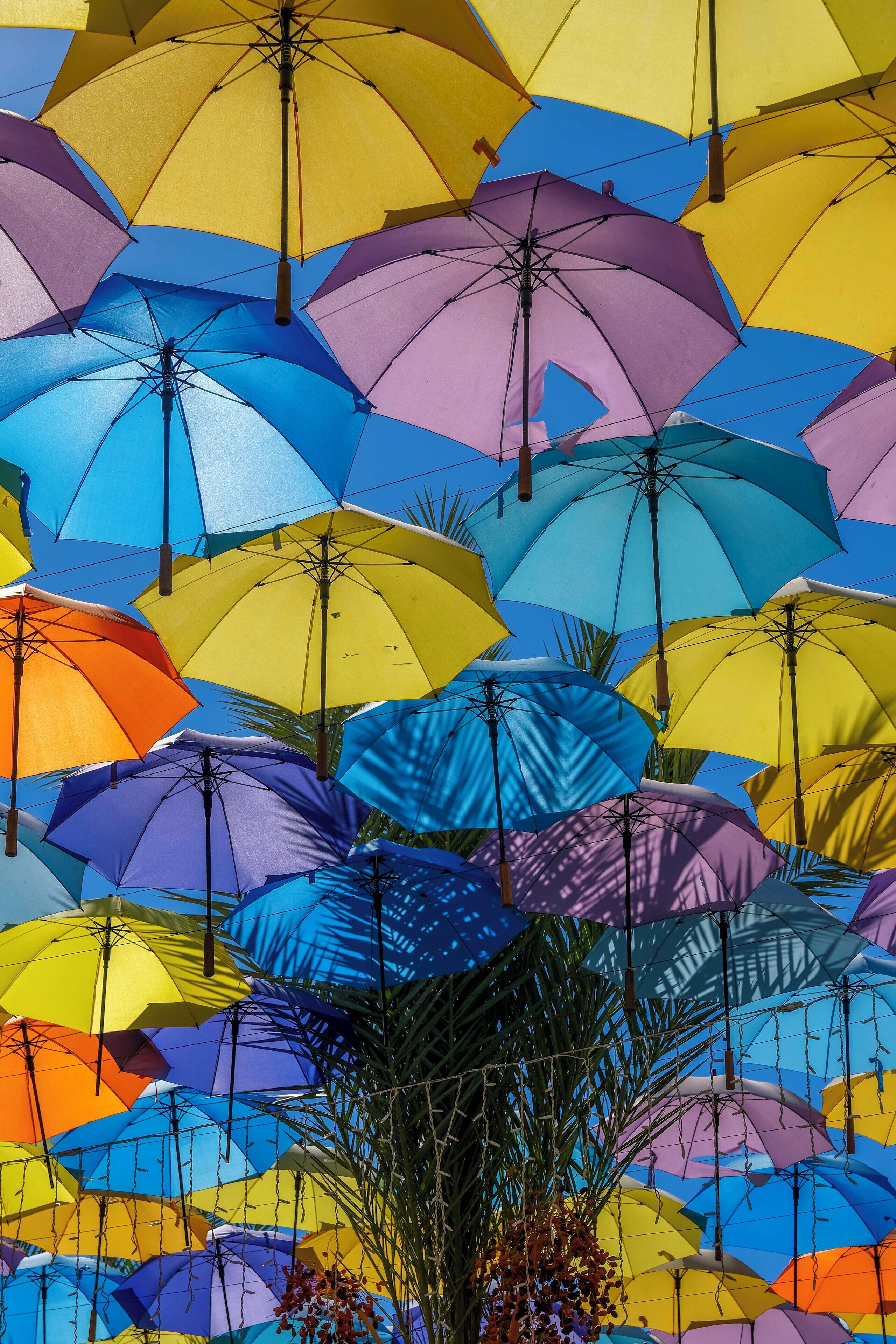 Una serie di ombrelli colorati sospesi sopra la testa.