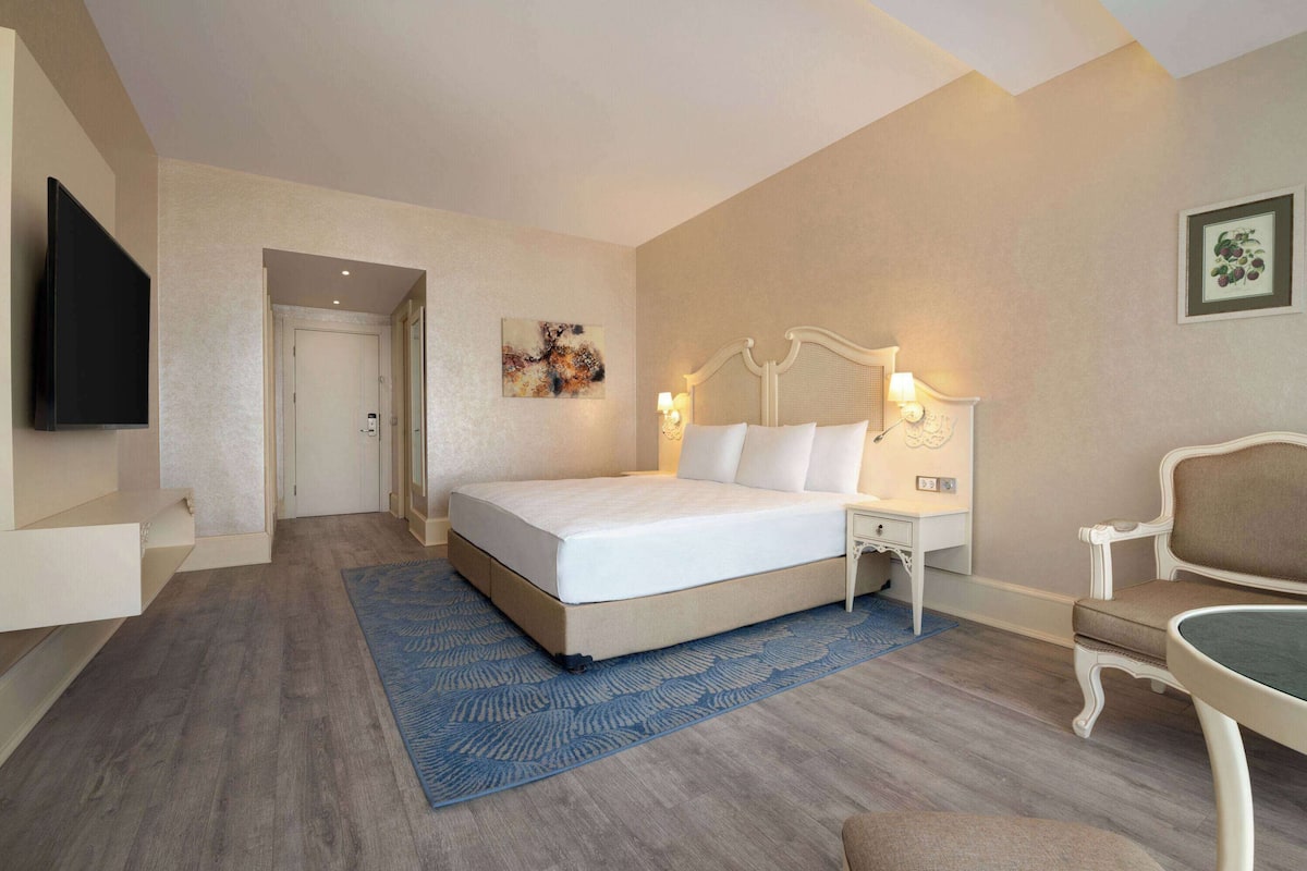 Ein Schlafzimmer mit einem Bett, Nachttischen, einem Sessel, einem Fernseher und Kunstwerken an den Wänden.