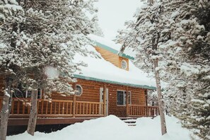 A wooden cabin with a snow-covered roof, surrounded by snow-laden trees. - Spacious Cozy Cabin, WIFI, 30 min to YNP (Island Park)