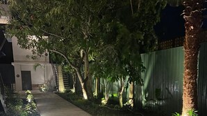 Ein Betonweg, gesäumt von Bäumen und Pflanzen, der zu einem Gebäude mit einer dunklen Tür führt.