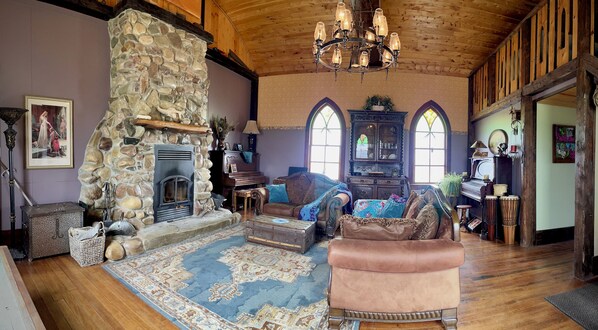 Televisie, een open haard, een dvd-speler en boeken