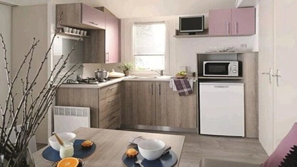 A compact kitchen with a microwave, stove, and sink. - Camping 4 étoiles - Piscine  - efchaa (Bourgneuf-en-Retz)