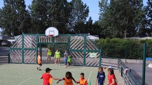 A basketball court with a green fence, a basketball hoop, and trees in the background.