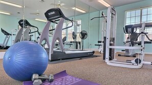 A gym with exercise equipment, a large blue exercise ball, and dumbbells on a purple mat.