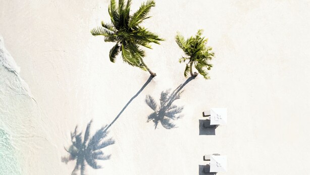 An aerial view of a beach with palm trees and a row of white buildings. - Hotel Indigo Bintan Lagoi Beach by IHG (Bintan)