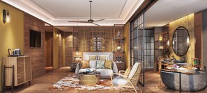 Een modern interieur met een bank, fauteuils, een salontafel, een open haard en een grote spiegel.