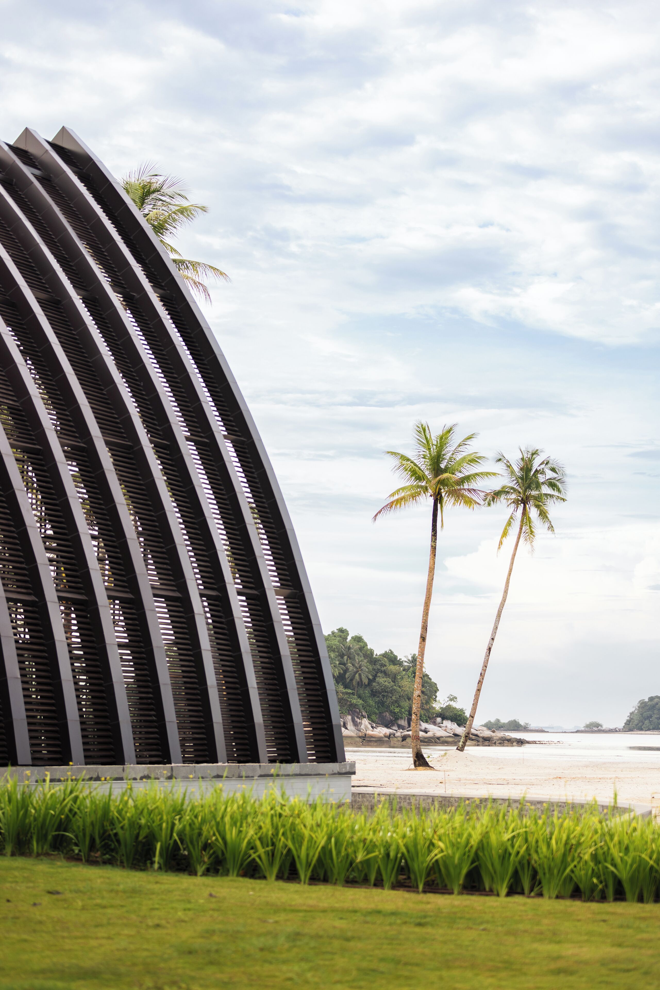 A modern building with a curved facade near a beach with palm trees.
