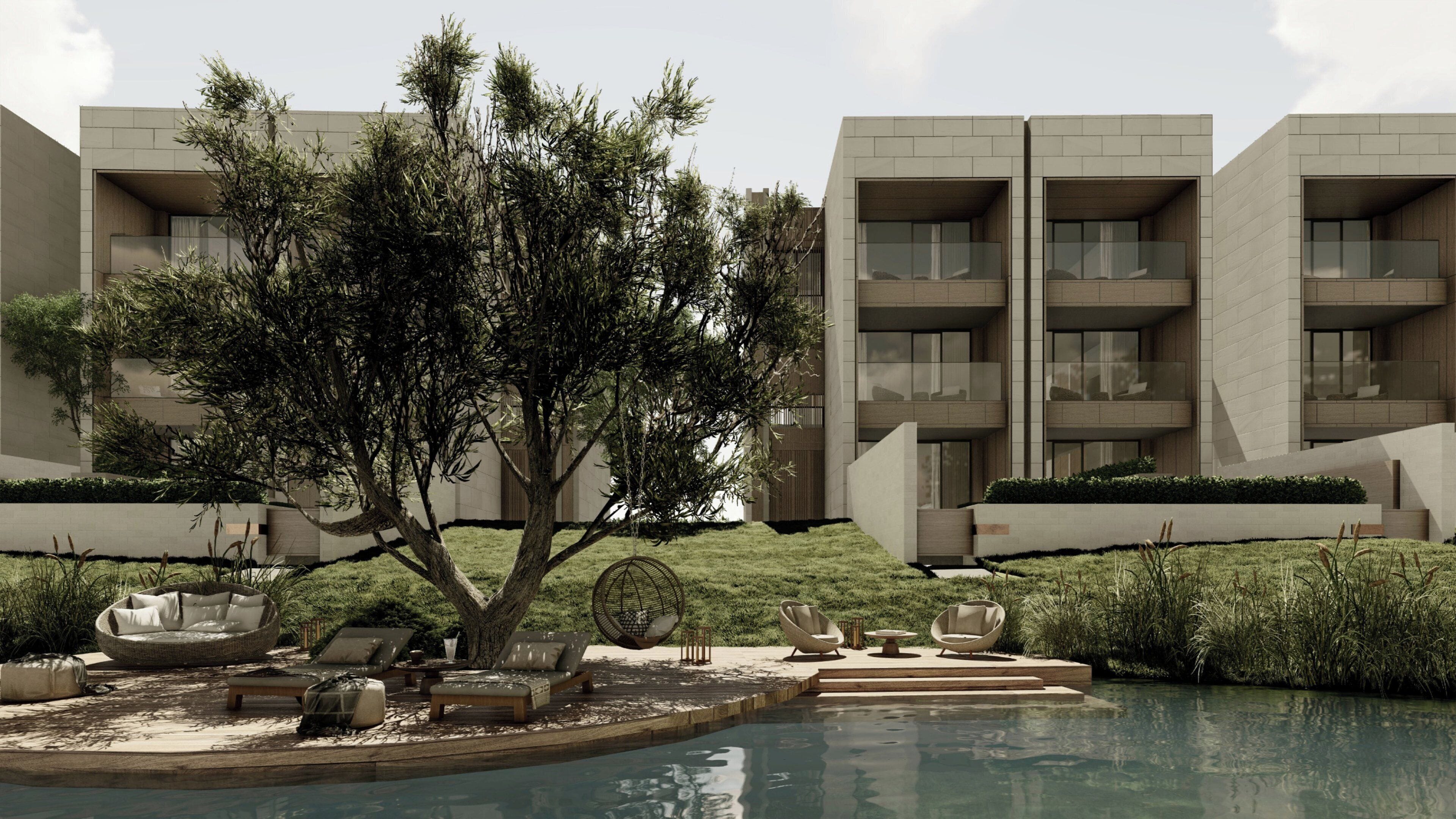 Un edificio moderno con piscina, mobiliario exterior y un árbol.