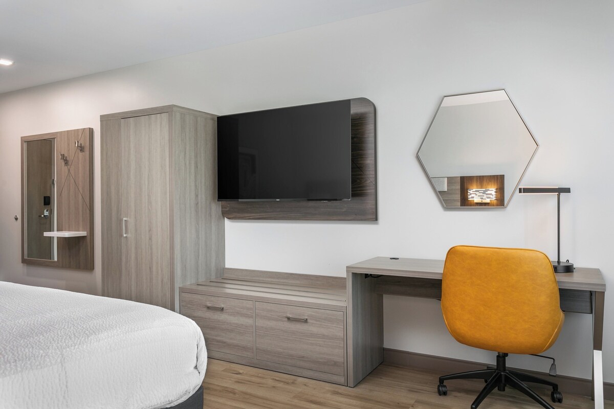 Camera da letto moderna con un letto, una scrivania, una sedia, una TV e un armadio.