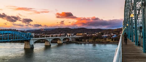A bridge with a pedestrian walkway over a river, with a cityscape in the background.