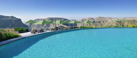 Innenpool, Außenpool, Sonnenschirme, Liegestühle