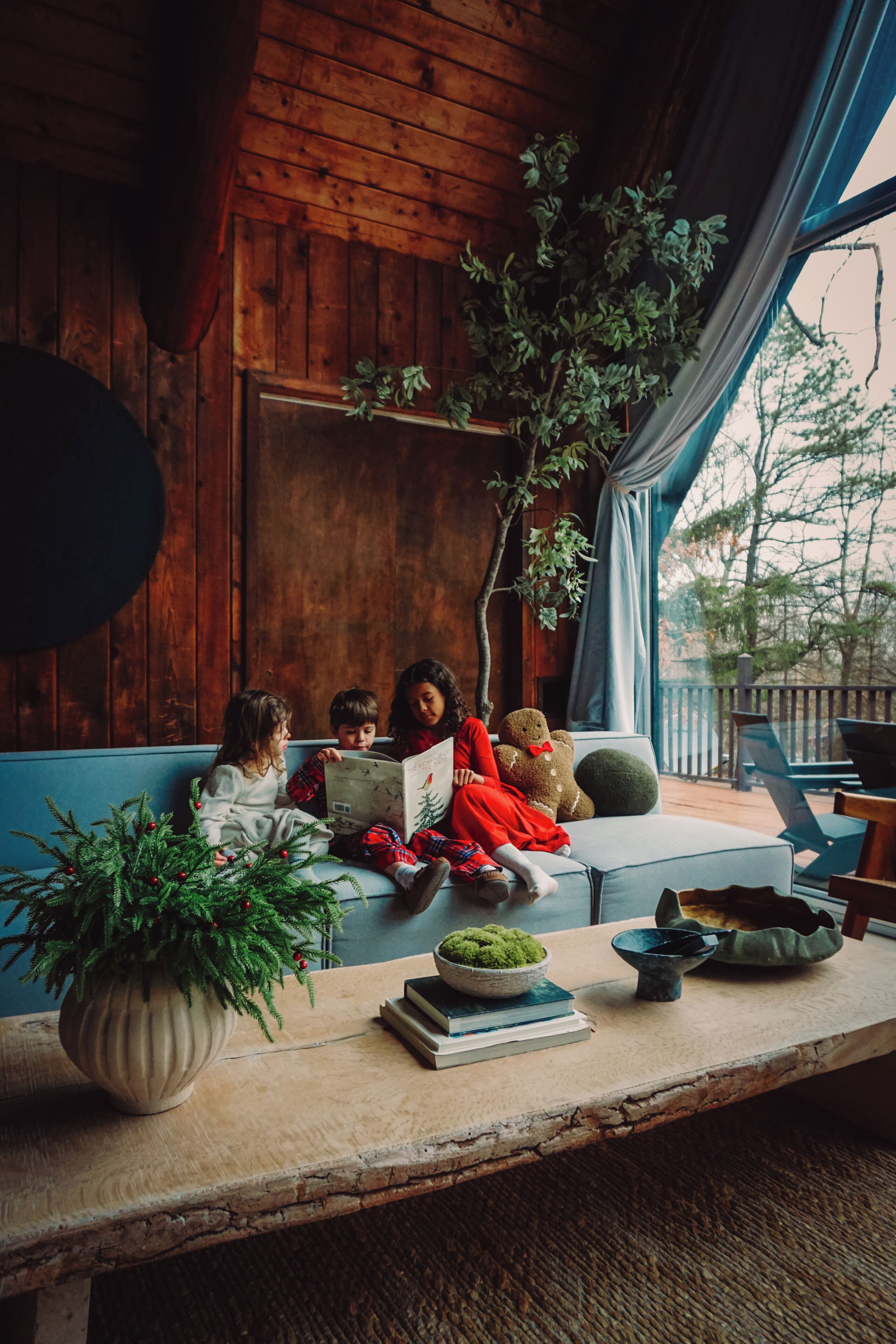 A cozy room with a wooden interior, a large window, and a view of trees. There is a sofa with children reading, a potted plant, and a table with books and a bowl.