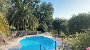 Ein geschwungener Pool mit Steinfliesen, umgeben von üppiger Vegetation und Palmen.