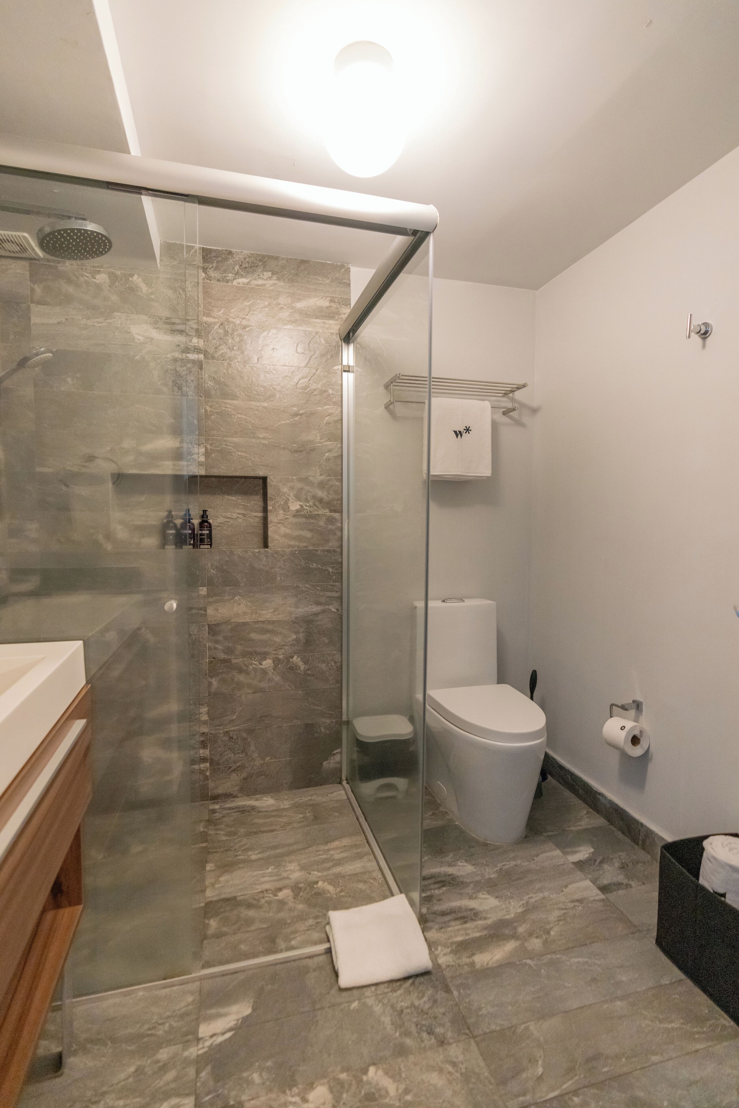 Un baño moderno con ducha de vidrio, inodoro blanco y tocador con espejo.