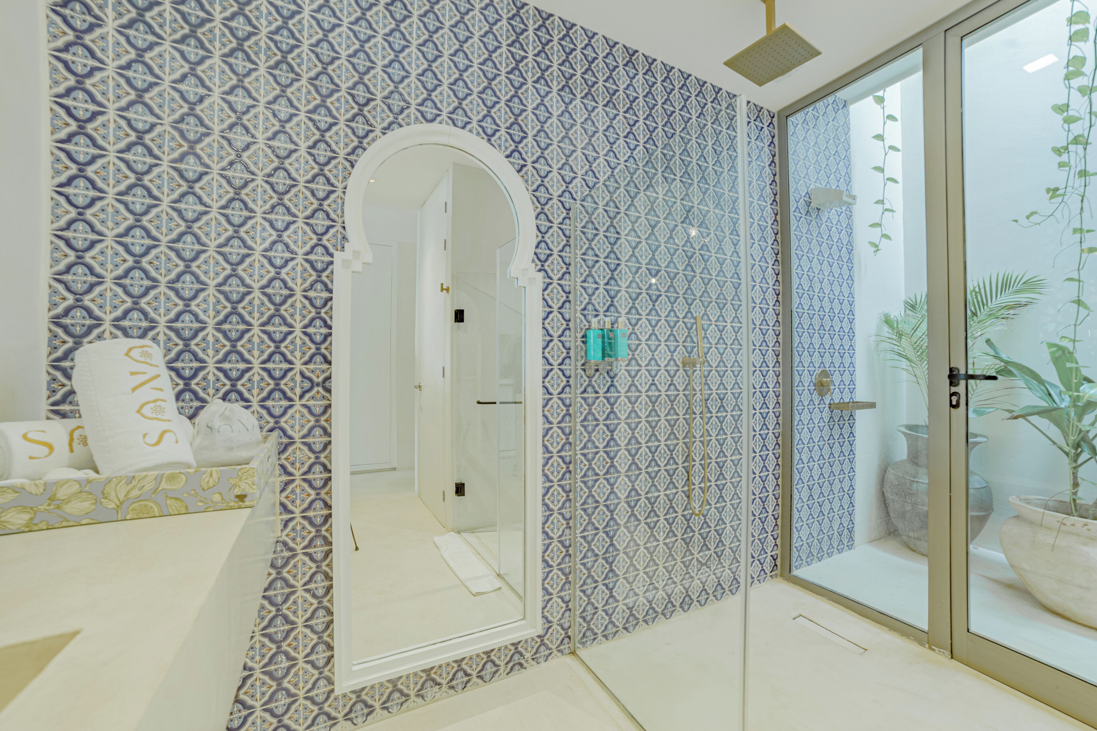 A bathroom with patterned tiles, a large mirror, a shower area, and a potted plant.