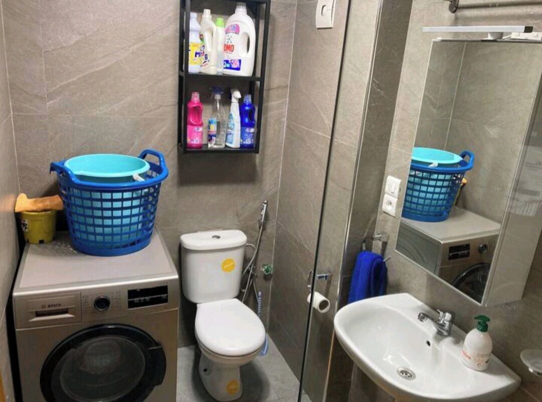 Un bany compacte amb rentadora, vàter, rentapla i una estant amb productes de neteja.