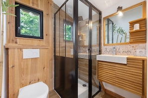 Un baño de madera con cabina de ducha de vidrio, inodoro y lavamanos con espejo.