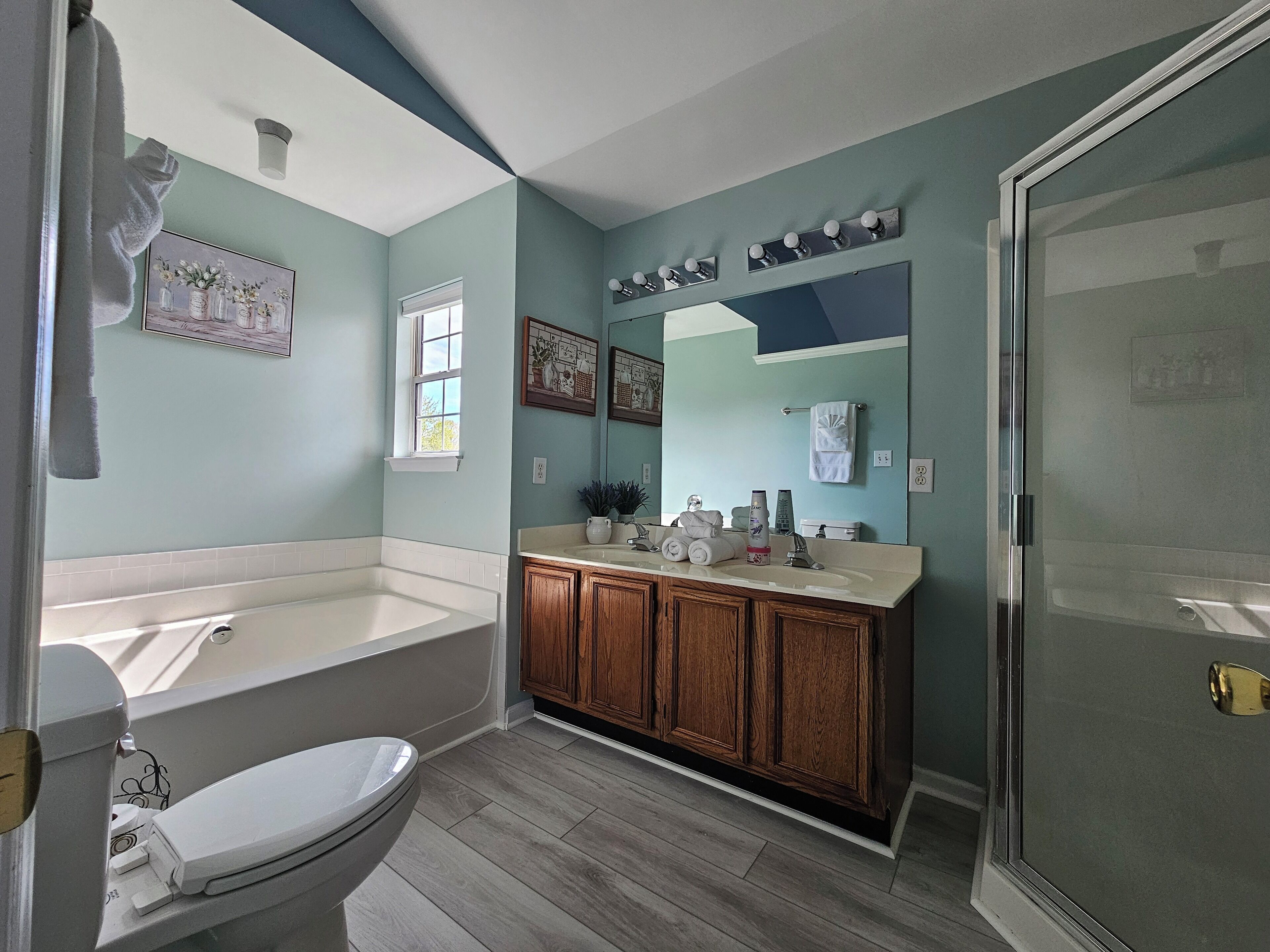 Shower, hair dryer, towels, soap