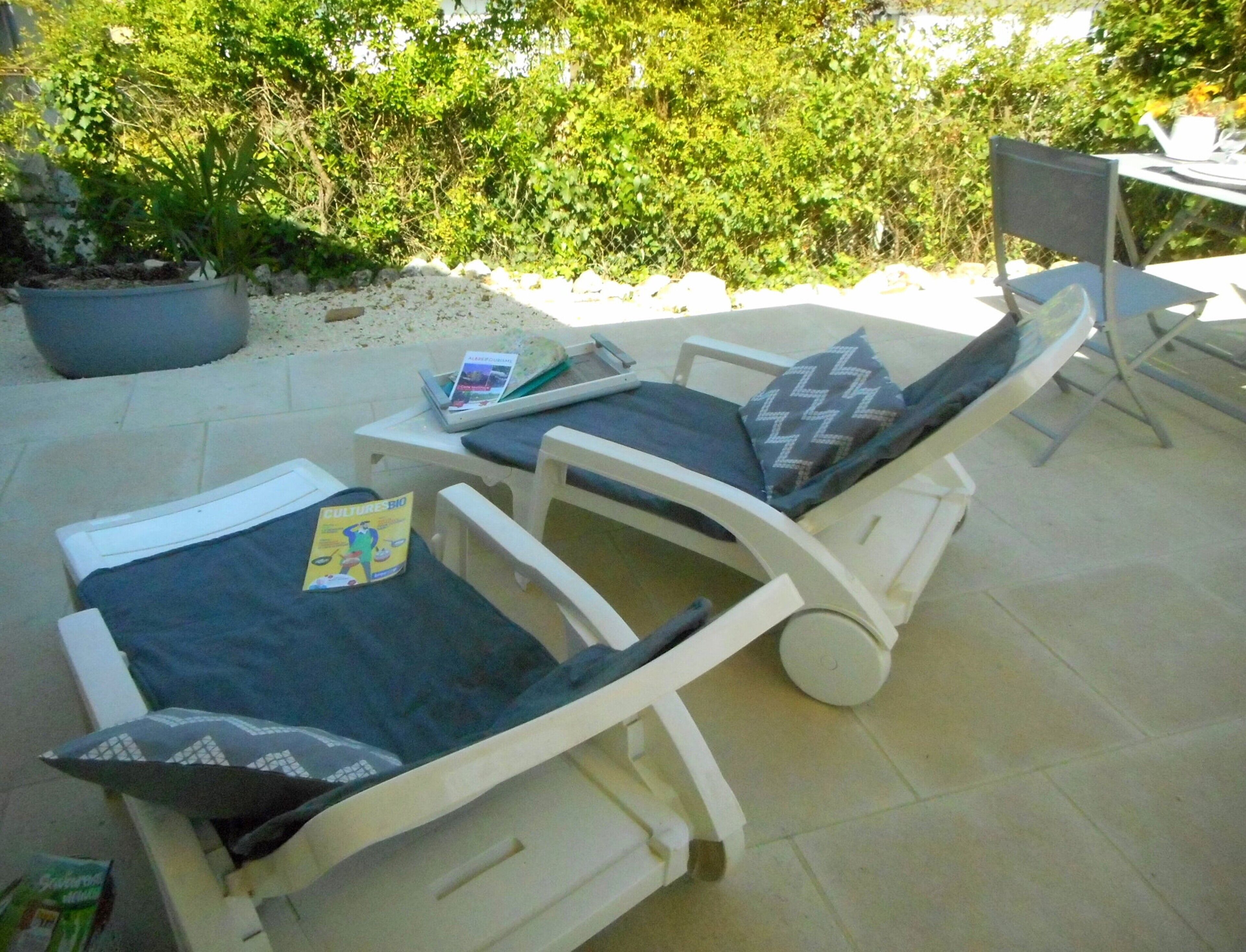 Two lounge chairs with cushions, a small table with a magazine, and a potted plant.