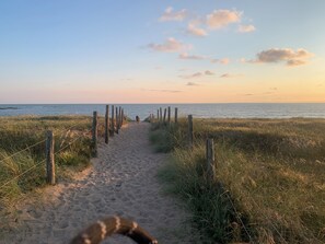 A sandy path leading to the beach with wooden posts on either side.