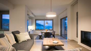 Tv, eldstad, dvd-spelare och en stereo