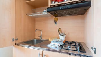 Kühlschrank, Ofen, Herdplatte, Wasserkocher mit Kaffee-/Teezubehör