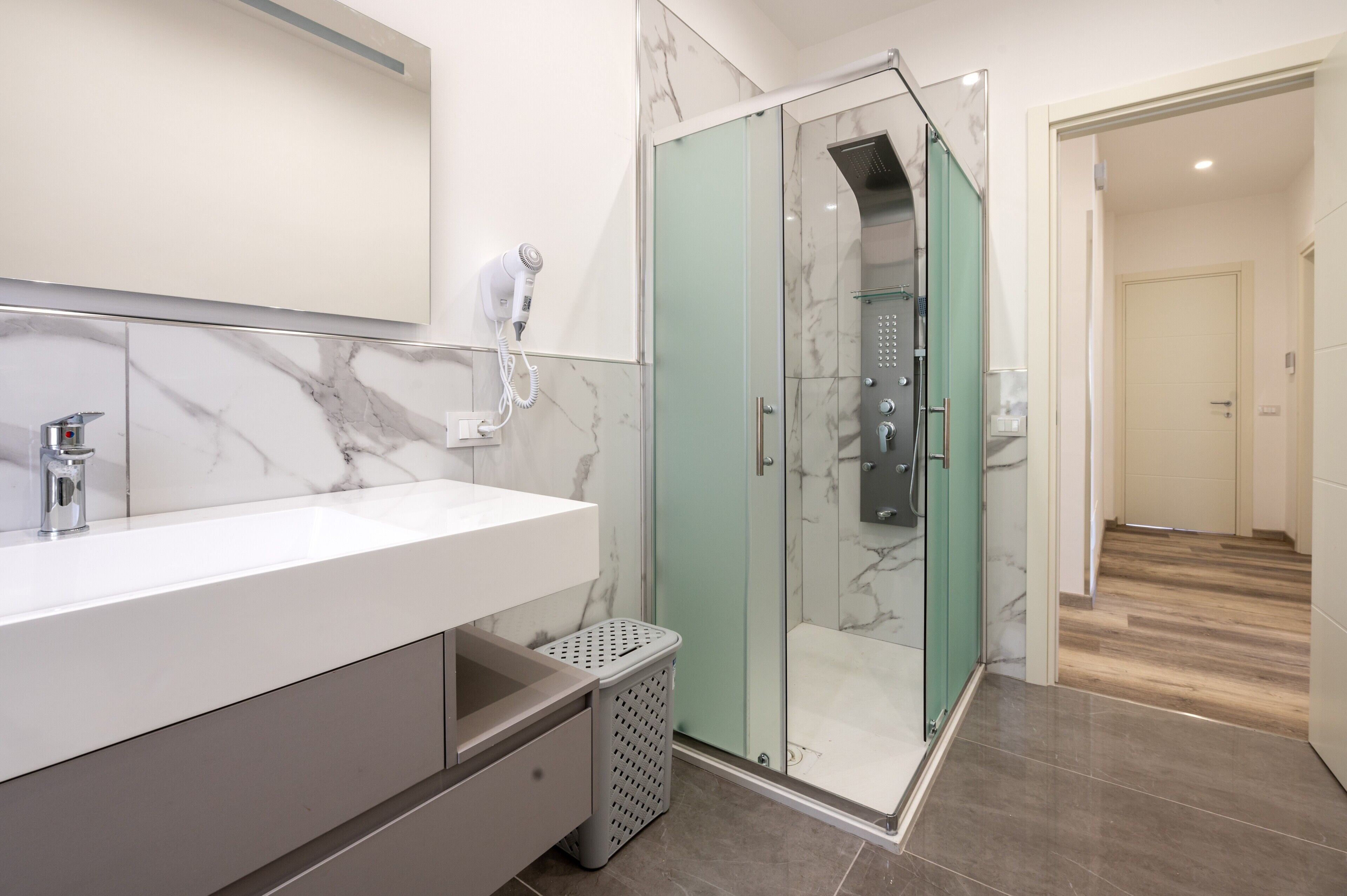 Shower, hair dryer, towels