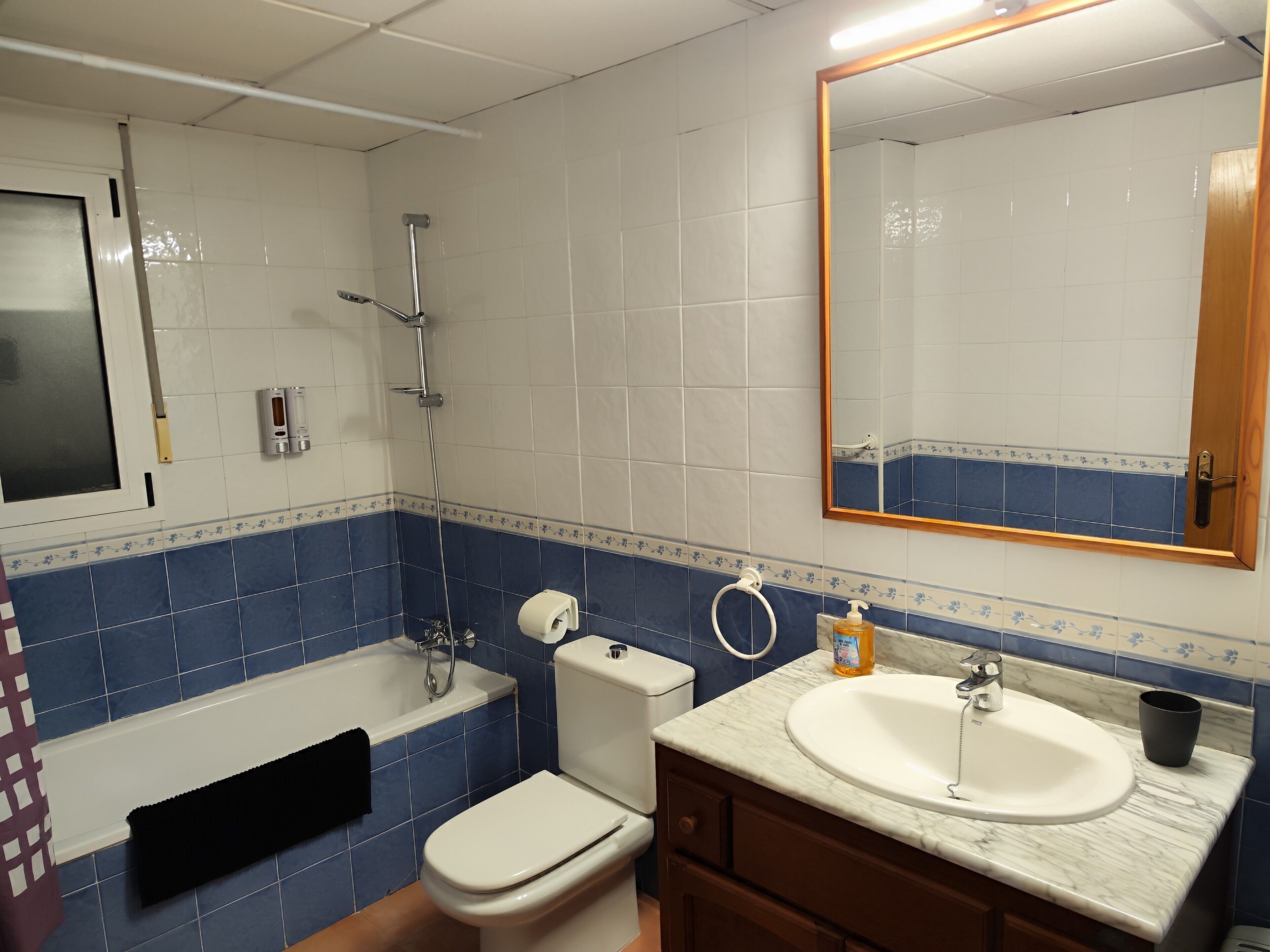 Une salle de bain avec une baignoire, des toilettes, un lavabo et un miroir.