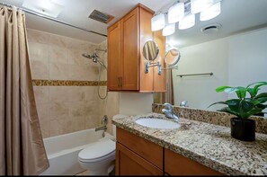Hair dryer, towels, soap, toilet paper