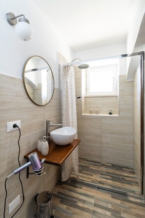 Shower, hair dryer, towels