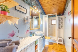 Shower, hair dryer, towels