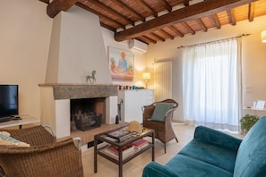Un salon avec une cheminée, des meubles en osier, un canapé de couleur turquoise et un téléviseur.