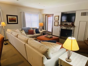 Smart TV, fireplace, books