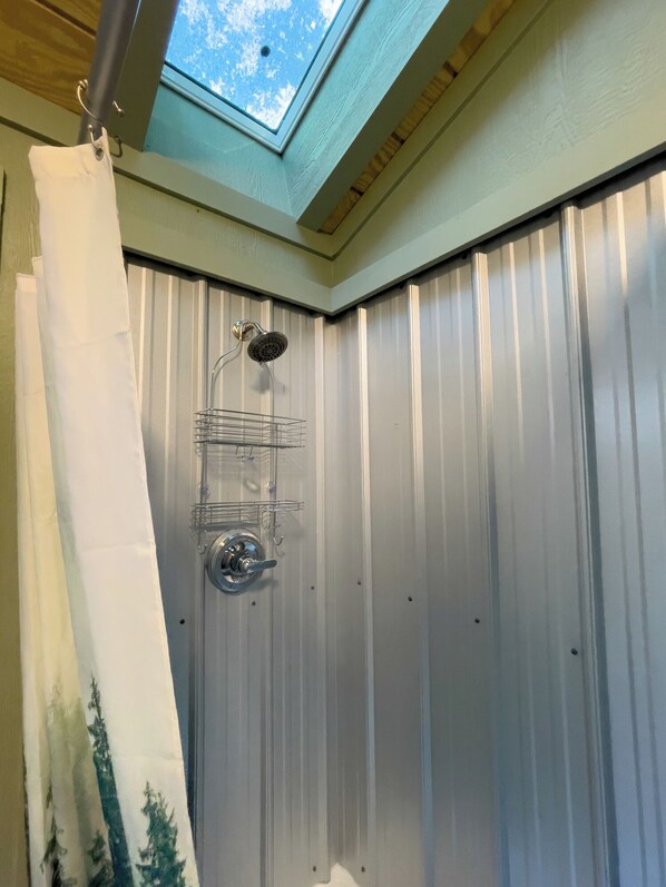A shower with a skylight above, a metal showerhead, and a shower caddy.