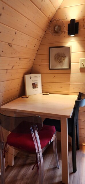 Interior - Two person Pod on the creek, Deck, private firepit, full bathroom, Kitchenette, Sleeps 2. (Mill Spring)