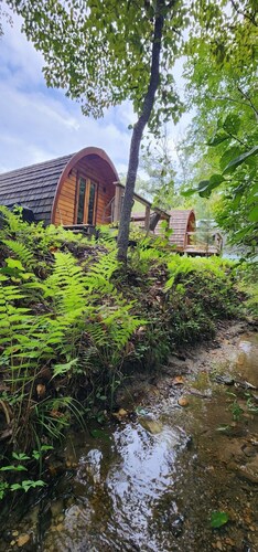 Two person Pod on the creek, Deck, private firepit, full bathroom, Kitchenette, Sleeps 2.