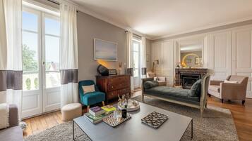 Télévision, cheminée, lecteur de DVD, livres