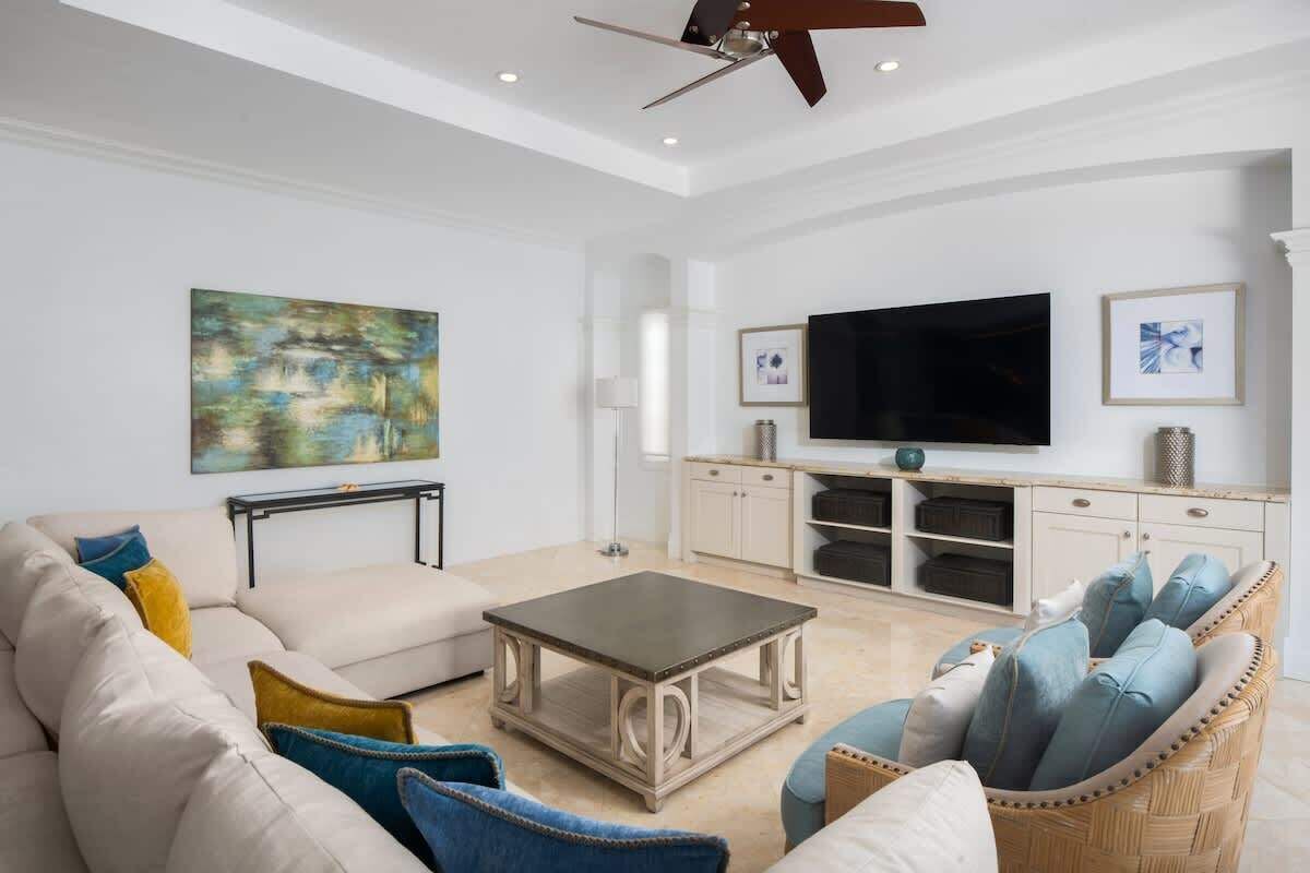 A living room with a sofa, armchairs, a coffee table, a flat-screen TV, and artwork on the wall.