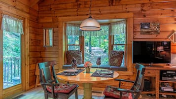 Cabin, 1 Queen Bed, Hot Tub, Mountain View (Trillium) | Living area | 42-inch flat-screen TV with digital channels, fireplace