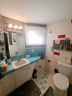 Een douche, een haardroger, handdoeken, zeep