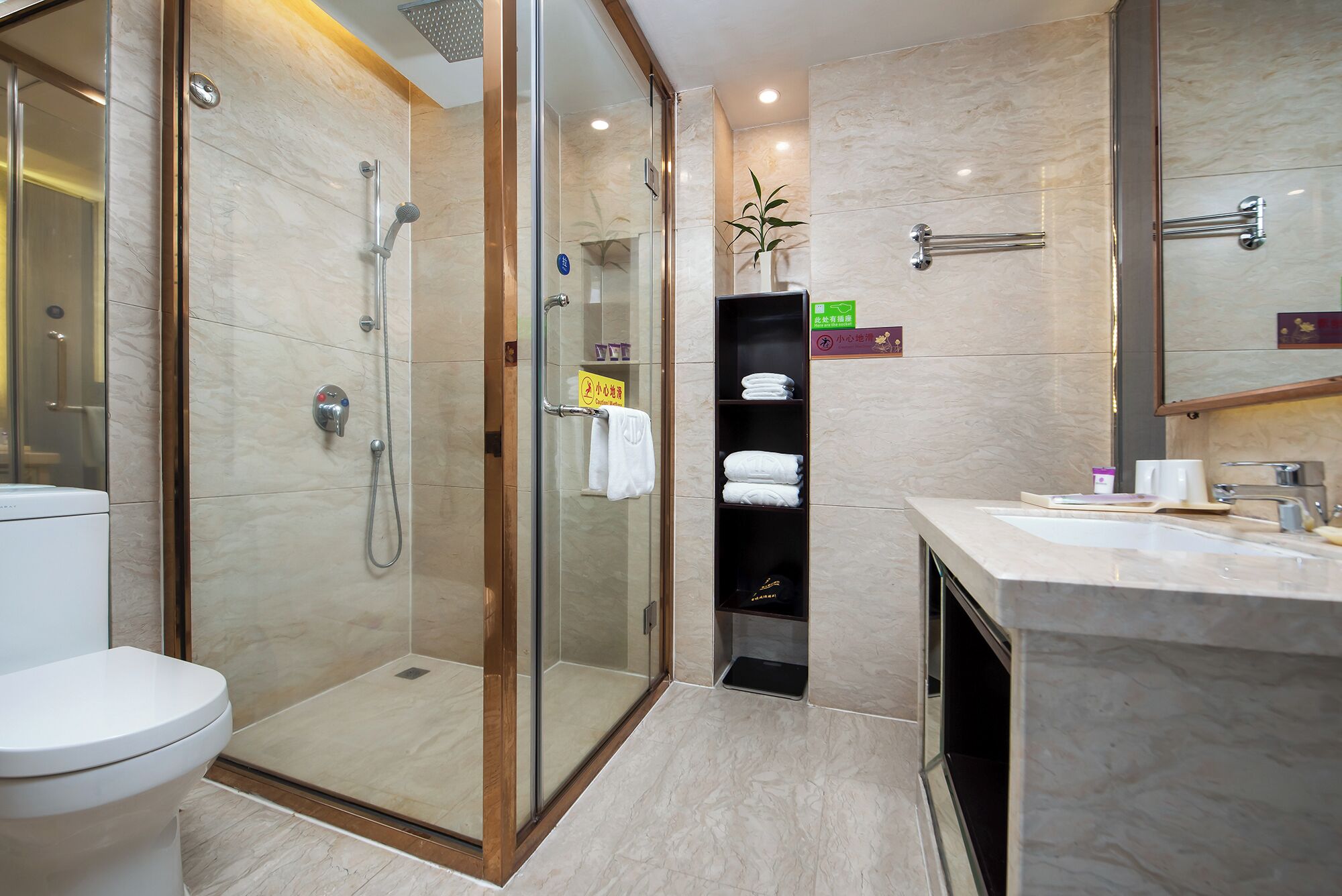Une salle de bain moderne avec une douche à parois de verre, des toilettes, un lavabo avec un miroir et une étagère où sont pliés des serviettes.