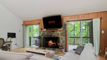 Smart TV, fireplace, video games, DVD player