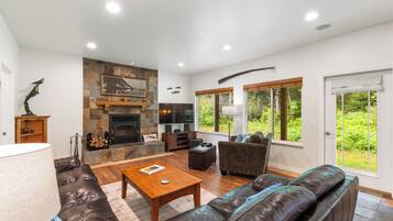 Smart TV, fireplace, books