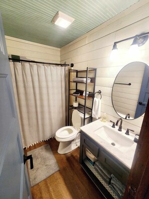Hair dryer, towels, soap, shampoo