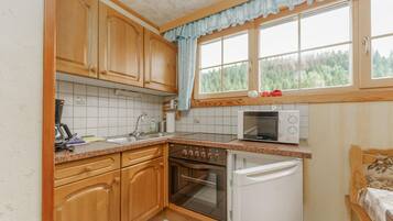 Fridge, stovetop, dishwasher, coffee/tea maker