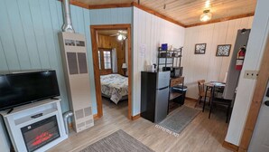 A compact room with a TV, fireplace, kitchenette, and a bed. - Cozy 1BR 1BA Cabin #4 Riverside Point Resort (Park Rapids)