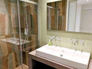 Shower, hair dryer, towels